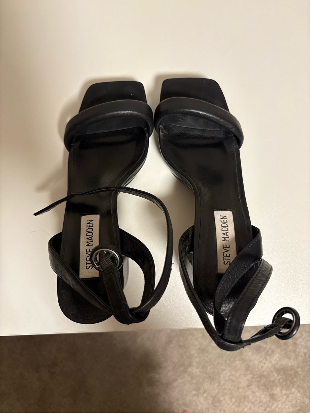 Steve Madden Black Square-Toe Ankle-Wrap Heels